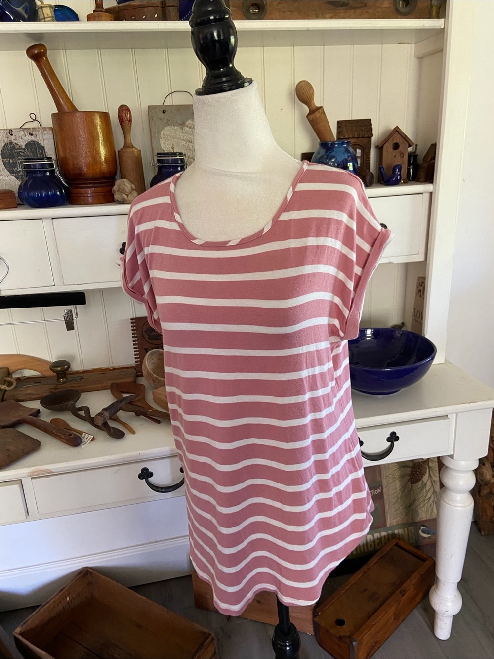 Marina Luna Pink and White Striped Scoop-Neck Tee